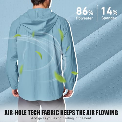 Mens Sun Protection Hiking Fishing Safari Shirts with Hood Long Sleeve Outdoor Quick Dry Shirts Hoodie - color: 5105 Blue, size: X-Large