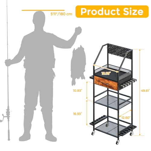 Fishing Rod Holder Organizer with Fabric Drawer & Pegboard, Space-Saving Garage Storage for 12 Rods, Reels, Tackle Boxes, Portable Fishing Gear Cart for Easy Access & Mobility