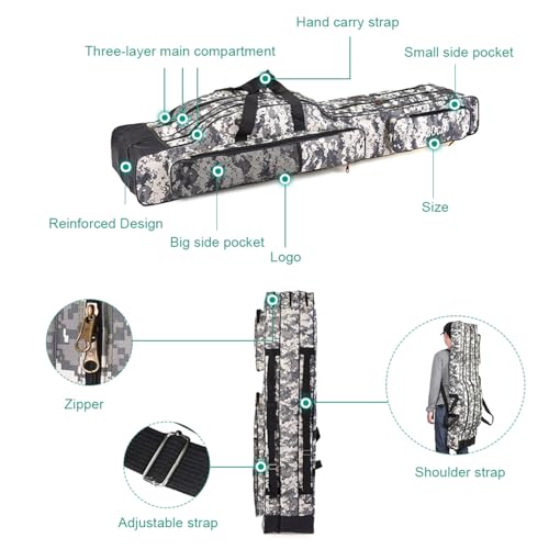 3 Layers Fishing Pole Bag,Portable 3 Layers Oxford Folding Rod Carry Case,Fishing Reel Tackle Storage Bag Case - color: Gray, size: 150cm/59in