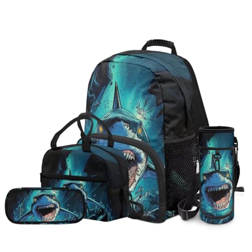 Shark Backpack and Lunch Box Set 4 PCS Schoolbag Book Bag with Insulated Lunch Bag Box Pencil Case Water Bottle Holder Carrier Sling Bag - color: Shark