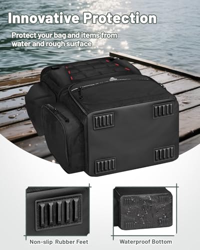 MATEIN Fishing Backpack with 4 Tackle Boxes, Fishing Bag with Rod Holder & Safety Compass & Cooler, Gifts for Fishermen - color: Black