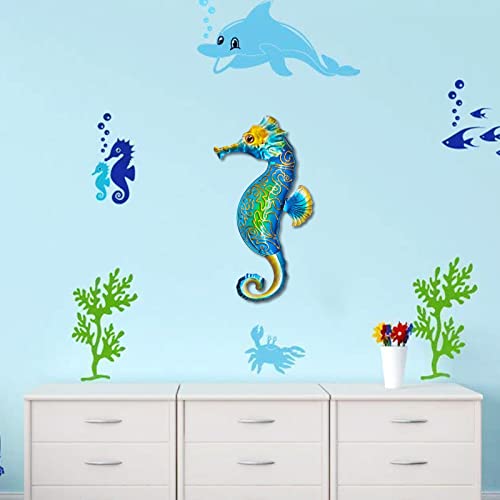 John's Studio Seahorse Sea Wall Decor Outdoor Metal Garden Hanging Art Glass Sculptures Home Ocean Theme Decorations for Kitchen Bathroom and Pool - color: Seahorse - Green