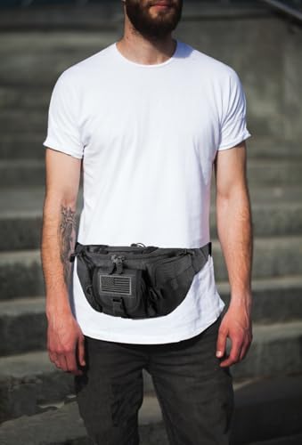 SOWHUP Tactical Fanny Pack,Military Waist Bag Pack with U.S Patch Utility Hip Belt Bumbag for Outdoor Fishing Hiking (Black(5 Zipper Pockets)) - color: Black(5 Zipper Pockets)