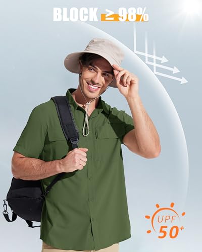 MAGCOMSEN Men's Fishing Shirts UPF 50+ Short Sleeve Sun Protection Shirts Quick Dry Cooling Button Down Shirt Hiking Safari - color: Army Green, size: XX-Large