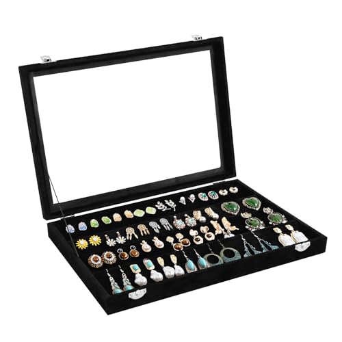 Wudygirl Earring Organizer Tray Jewelry Organizer 32 Pairs Earring Box Organizer Black Velvet Jewelry Display Case with Transparent Lid(Black Earring Storage) - color: Black, size: Earring