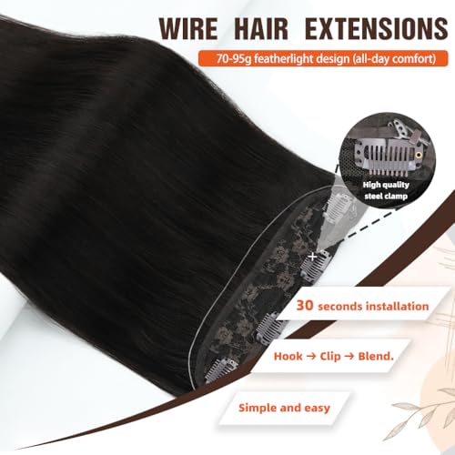 Invisible Wire Hair Extensions Real Human Hair - 14 Inch 70G Golden Brown Transparent Fish Line Clip-Ins Hair Piece, 100% Remy Human Hair Extensions for Women - color: #14 Golden Brown, size: 14 Inch