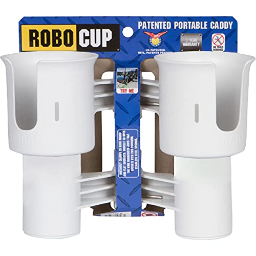 ROBOCUP, (White), Patented Clamp On Boat Cup Holder |Multifunction Dual Drink Caddy for Fishing Poles, Tools, Net, Gaff |Portable Storage for Boating, Beach, Umbrellas, Golf Carts, Strollers - color: White, size: Standard Spring