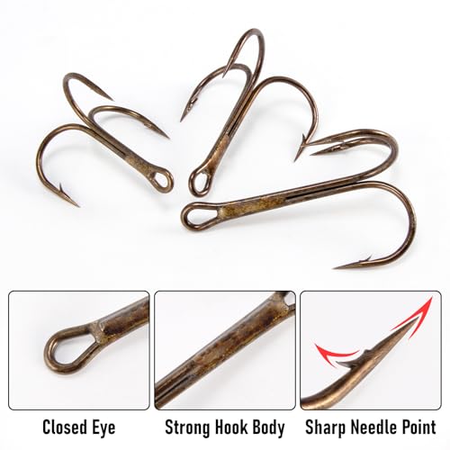 Dr.Fish 30 Pack Round Bend Treble Hooks #16-#8/0, Triple Fishing Hooks Saltwater&Freshwater, Replacement Hardbait Crankbait Spinner Catfish Walleye Trout Salmon Bass Fishing - color: Bronze, size: #5/0-30 Pack