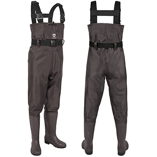 TIDEWE Bootfoot Chest Wader, 2-Ply Nylon/PVC Waterproof Fishing Hunting Waders with Boot Hanger for Men Women Green Brown - color: Brown, size: M5/W7