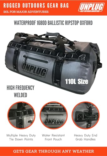 UNPLUG Ultimate Adventure | 1680D Heavy Duty Waterproof Bag | Large Travel Bag which can be Used for Camping, Motorcycling, Boating, or Hunting|110L Storm Grey - color: Storm Grey, size: 110L