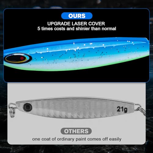 Goture Fishing Jigs, 30g 40g 50g 60g Vertical Jig Saltwater Freshwater, Jig Lures with Assist Hook and Treble Hook, 5PCS Jigging Spoon Lures with Tackle Box, Fishing Jigs for Tuna, Salmon, Bass - color: A1 with Tackle Box, size: 60g