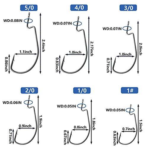 Offset Bass Fishing Hooks, 100pcs Wide Gap Worm Hooks 3X High Carbon Steel Bait Jig Fish Hooks for Bass Trout Saltwater Freshwater - size: 100pcs-1#