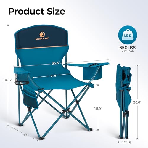 ALPHA CAMP 2-Pack Camping Chair with Cooler Bag, Heavy Duty 250lbs Capacity Folding Chair with Lumbar Support & Side Pocket, Portable Quad Chairs for Beach Fishing Tailgating & Sideline Sport - color: Blue