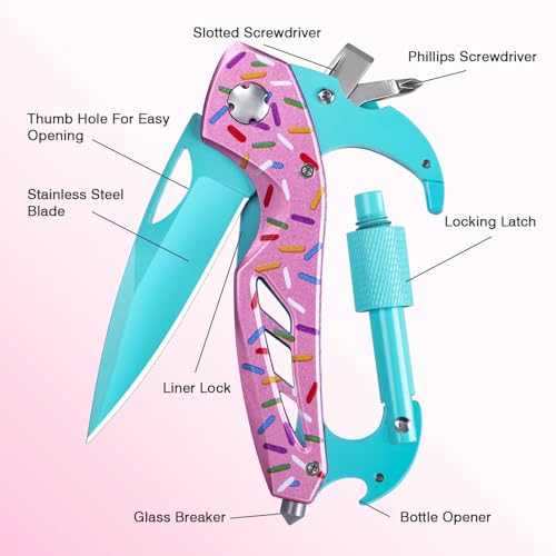 6-in-1 Multitool with Folding Pocket Knife, Bottle Opener, Window Breaker and Screwdriver, Pocket Multi Tool, Gifts for Men Women, Survival Gear for Camping Hiking - color: Macaron