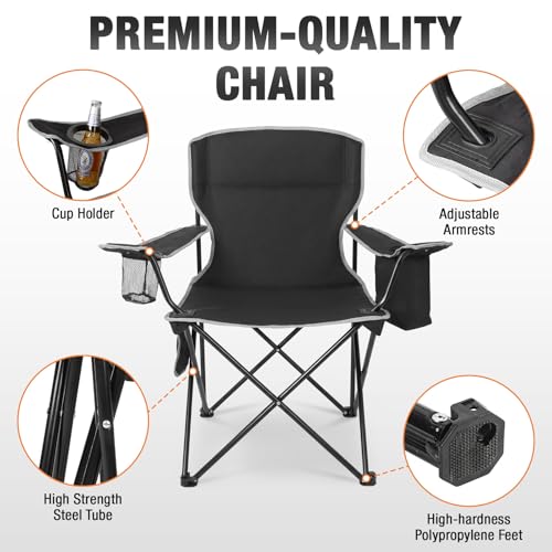 Romswi 2 Pack Lightweight Camping Chairs for Adults, Folding Outdoor Chair with 4-Can Cooler Bag, Collapsible Chair with Cup Holder for Camping, Beach, Lawn, Fishing, Black - color: Black, style: Large
