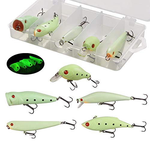 Glow Fishing Lures Bait Kit Luminous VIB Popper Crank Minnow Pencil Hard Bait with Treble Hook Night Fishing Bait Tackle Box