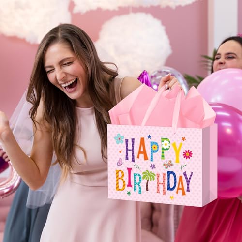 Hooqict Large Pink Gift Bag Happy Birthday Gift Wrap Bag with Handles, Tissue Paper, Greeting Cards for Kids Girls Women Pink Birthday Party Mom Mothers Day Bags - color: Pink Happy Birthday