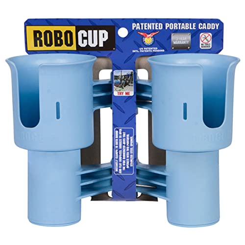 ROBOCUP, (Light Blue), Patented Clamp On Boat Cup Holder |Multifunction Dual Drink Caddy for Fishing Poles, Tools, Net, Gaff |Portable Storage for Boating, Beach, Umbrellas, Golf Carts, Strollers - color: Light Blue, size: Standard Spring