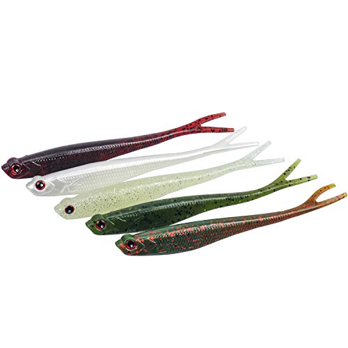 RUNCL Anchor Box - Paddle Tail Swimbaits, Soft Jerk Baits, 20/40/50/60pcs Soft Fishing Lures, Curved Tail Grubs - 3D Lifelike Eyes, Split/Boot/Curved/Straight/Thin Tail - 1/2/3/4/5in, Proven Colors - color: J - Split Tail w/ External Etched Scales (5-1/8i