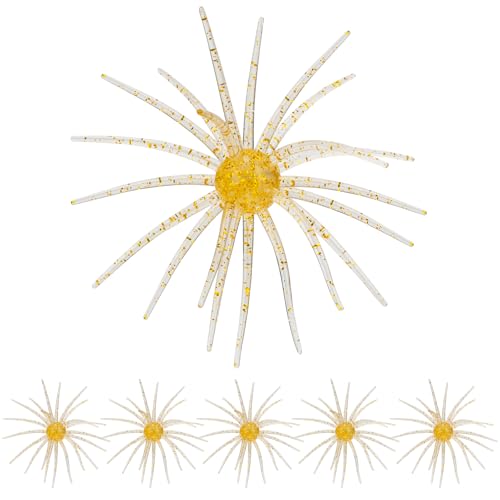 QualyQualy Urchin Bait for Bass Fishing, Floating TPE Creature Lures - 2.5'' / 3.6''/ 4'' /5.1'' Multi-Tentacle Soft Plastic Bait for Bass, Walleye, Pike - color: #06 Light Gold, size: L-6pcs