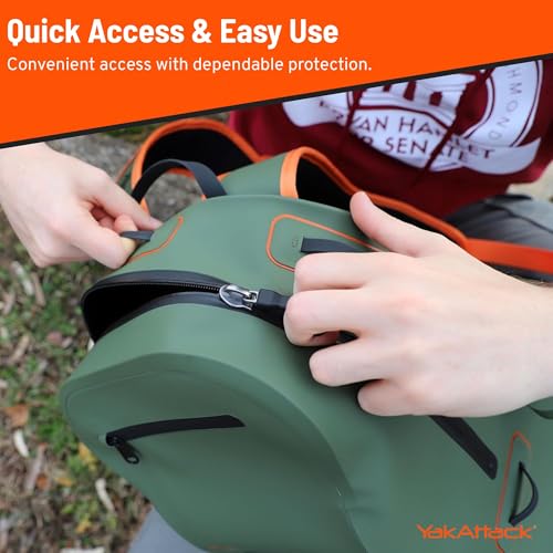 YakAttack 28L DryPak Waterproof Backpack - Green/Orange | Floating Marine Dry Bag Pack with Padded Straps for Kayaking, Fishing & Hiking | 10" x 22" x 12" | Lightweight Outdoor Gear & Storage Drybag - color: Green/Orange, style: Drypak