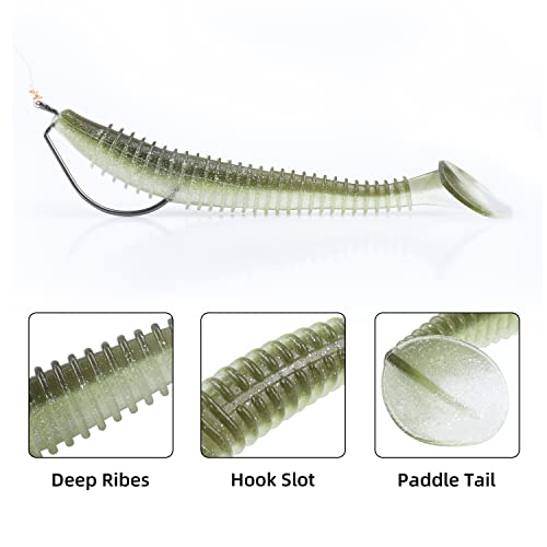 RUNCL Swimbaits Paddle 10/20/30/40PCS, 5/4/3/2 Inchs Paddle Tail, Soft Lure for Trout Crappie Bass, Durable Plastic Bait Swimmer for Saltwater/Freshwater, Fishing Lover's Gift - color: Green Shiner, size: 3in, 30pcs