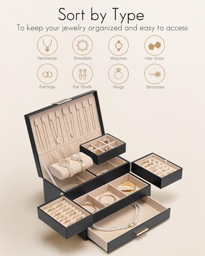 VLANDO 3 Layer Jewelry Box - Women Jewelry Box with Retractable Tray - Jewelry Organizers with Drawer for Necklaces, Rings, Bracelets, Earrings, Gift for Couples Mom Girls - Black - color: C.Black, size: 3-Layer