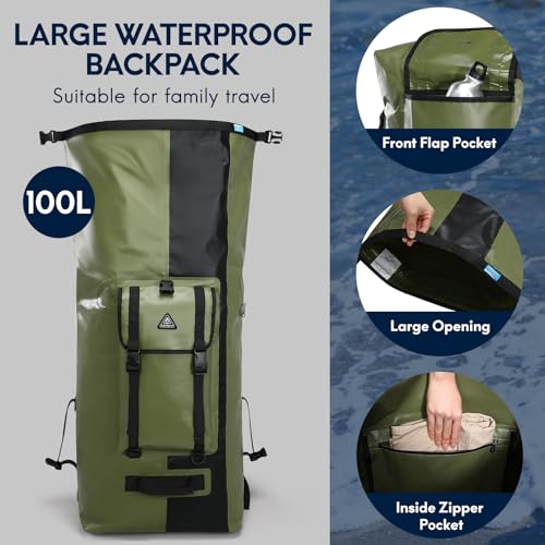 Haimont Waterproof Dry Backpack IPX7 Roll-top Dry Large Marine Dry Bag for Men Kayaking Rafting, 100L, Army Green/Black - color: Army Green/Black, size: 100L