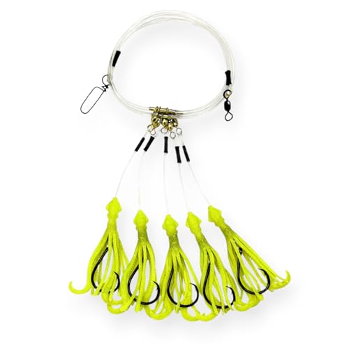 End Game Tackle Deep Drop Rig – Made in USA – New Super Stretch Glow Squid – NOAA Compliant Non-Offset Circle Hooks for Bottom Fishing - color: Chartreuse Glow, size: 8/0 – 5 Hook