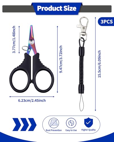3 Pieces Fishing Scissors, Stainless Steel Fishing Line Cutter &braided Line Cutter, Cutters with Titanium Coating-Fishing with Hook and Retractable Coil Lanyards Fishing Accessories (Colorful) - color: Colorful