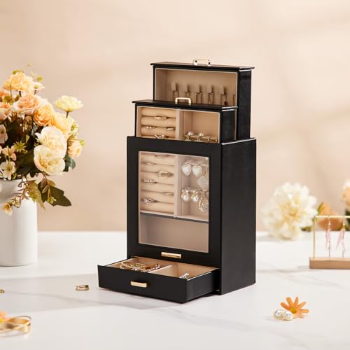 Homde Jewelry Organizer Box for Women Girls Necklaces Rings Earrings Bracelets Storage Case (Black + Gold) - color: Black + Gold