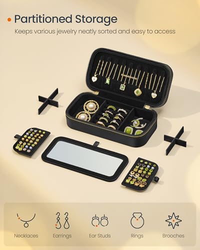 SONGMICS HOME Travel Jewelry Case, Travel Jewelry Box Organizer with Mirror, 4.1 x 8 x 2.4 Inches, Stitching, Portable, Gift Idea, Ink Black UJBC180B01 - color: Ink Black, size: 8"W