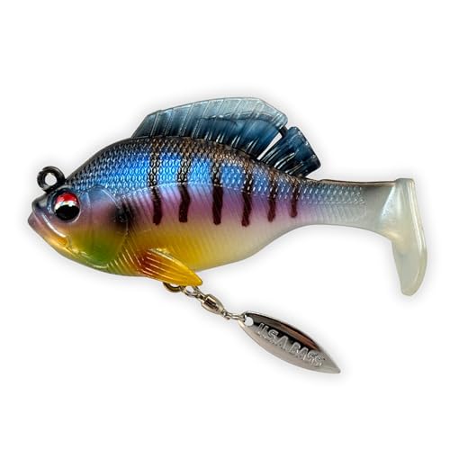 USA Bass Tackle - Hand Poured Underspin Gill - Weedless Gilly Paddletail Sleeper Swimbait with Bass-Tech Soft Plastic & Owner Mega Jig Hook Largemouth Smallmouth Spotted Bass - color: Special Gill, size: 3/8
