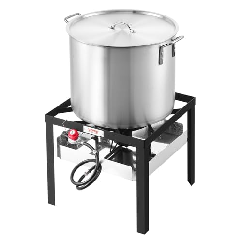 VEVOR 80 Qt Seafood Boiling Kit with Strainer, Outdoor Seafood Boil Pot and Basket, Cooking Set for Crab Crawfish Lobster Boiling, Aluminum Stockpot with 100,000 BTUs Propane Burner and Steamer Rack - style: 80-qt