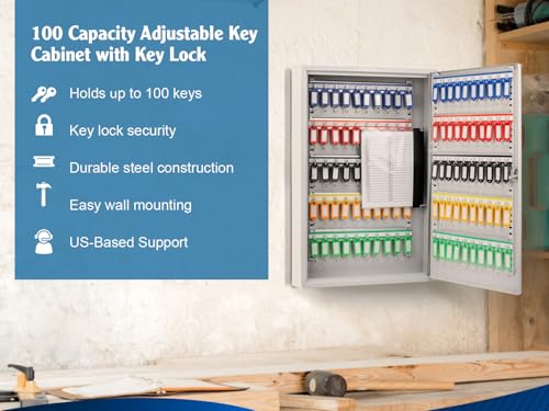 Barska 100-Position Key Lock Box – Solid Steel Key Cabinet with Numbered Hooks, Key Log Sheet, Color Tags & Index Chart – Wall-Mount Organizer, Grey - Key Organizer Box - Key Storage wall mount - color: Grey, style: 100 Keys