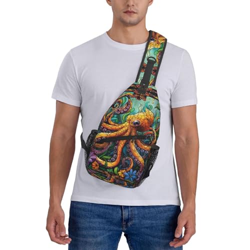 Cartoon Octopus In Flowers Outdoor Crossbody Shoulder Bag For Unisex Young Adult Hiking Bicycling - color: Bronze2