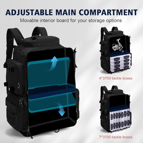 Goture Fishing Backpack, IPX EVA Bottom 55L Large Fishing Tackle Bag with Rod Holder, Rain Cover for Camping Hiking, 600D Fishing Bag Storage with 8 Lure Pockets, Fishing Gear and Equipment Black
