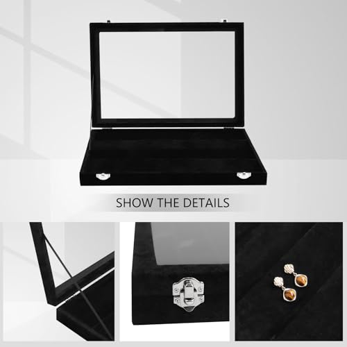 Wudygirl Earring Organizer Tray Jewelry Organizer 32 Pairs Earring Box Organizer Black Velvet Jewelry Display Case with Transparent Lid(Black Earring Storage) - color: Black, size: Earring