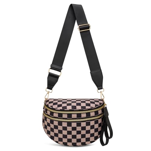 Pure Colour Crossbody Bum Bags for Women Spacious Checkered Cross body Bag Nylon Trendy Fanny Pack for Travel - color: Khaki Black Checkered