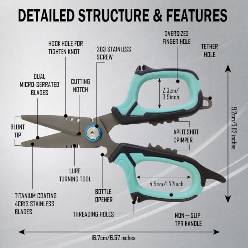 Eupheng 6.5" Pro Multifunction Fishing Scissors for Braided Line Mono Fluorocarbon wire lines,Dual Serrated Titanium Blades Non-Slip Grip Fishing Shears Enlarged Finger Holes with Bottle Opener - style: 6.5in Blue Scissors