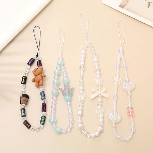 Beaded Phone Lanyard Wrist Strap Phone Charms Fixed Beads Pearl Chain - color: PC-xx-1