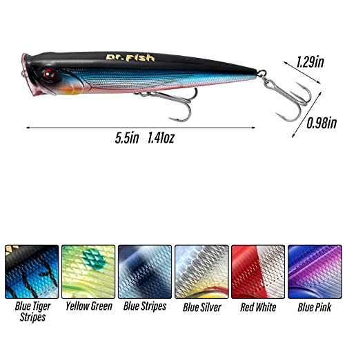 Dr.Fish Popper Saltwater Fishing Lures, 4/5.5 Inches GT Popper VMC Treble Hooks Surf Fishing Lures for Bass Striper Pike Salmon Offshore - color: Blue Herring-1 Pack, size: 5.5"
