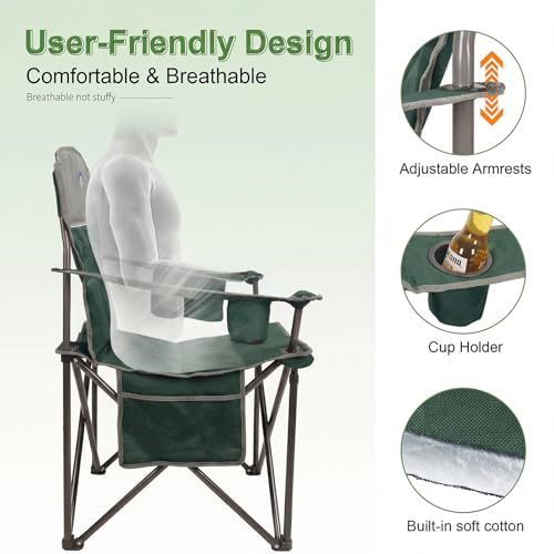 Oversized Camping Chairs 2 Pack - Heavy Duty 400LBS Padded Lawn Chair with Cooler Bag,Cup Holder,Side Pocket,Collapsible for Outdoor,Camp,Fishing & Garden,Dark Green - color: Dark Green
