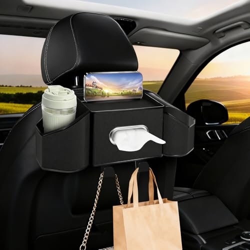 7-In-1 Car Seat Back Organizer with Cup Holders, Tissue Box, Garbage Can&Hooks, Multifunctional Headrest Storage Organizer, Headrest Cup Holder for Backseat, Car Accessories for Trips, Travels(Black) - color: Black