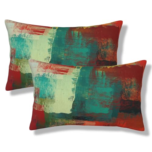 Abstract Teal Throw Pillow Covers Green and Orange Lumbar Pillow Cases 12x20 Inch Set of 2 Messy Rust Painting Outdoor Decorative Pillowcase Cushion Cover for Couch Sofa - color: Green Red, size: 20" x 12" (Pack of 2)