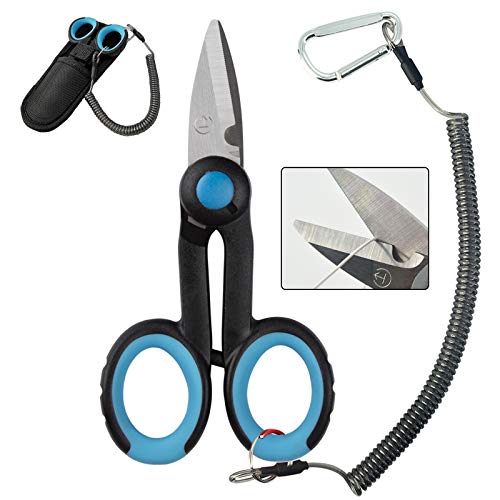 BXIO Fishing Scissors with Fishing Lanyard and Nylon Sheath, Braided Line Tools, Heavy Duty Anti-Slip Fiber Cable Cutter, Stainless Steel Fishing Pliers Scissors with Grinding Hook Tool - color: Black Blue