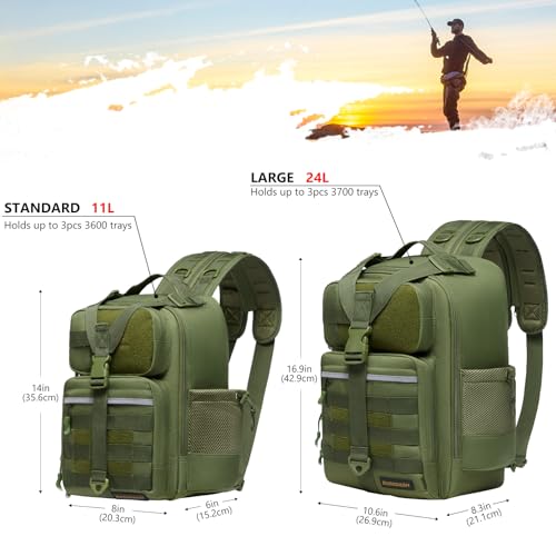BASSDASH Convertible Fishing Backpack Sling Bag with Rod Holder, Adjustable Tactical Water-Resistant Tackle Storage Pack FP07 - color: Army Green, size: Standard