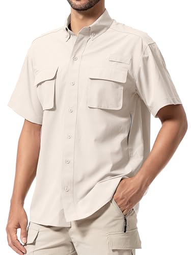Mens Short Sleeve Button Down Shirts UPF 50+ Sun Protection Quick Dry Fishing Shirt for Travel Hiking Safari Camping - color: Light Khaki, size: Medium