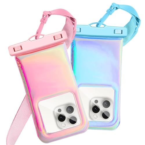 Floatable Waterproof Phone Pouch Case 2 pax for iPhone 17 16 Pro Max/15/14/13/12, IP68 Travel Cellphone Dry Bag Beach Cruise Ship Essentials Bags with Crossbody Lanyard, Iridescent Pink and Blue-7″ - color: A01-Iridescent Pink and Blue