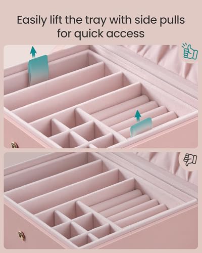 SONGMICS 2-Layer Jewelry Box Organizer, Jewelry Storage Case with Removable Tray and Handle, for Necklaces, Earrings, Rings, Bracelets, 6.7 x 8.1 x 3.7 Inches, Gift Idea, Jelly Pink UJBC208SA01S - color: Jelly Pink